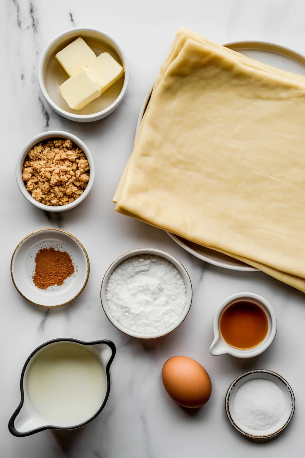 Flat lay of cinnamon twist ingredients on marble including puff pastry sheets, brown sugar, ground cinnamon, unsalted butter, powdered sugar, egg, milk, vanilla extract, and white sugar.