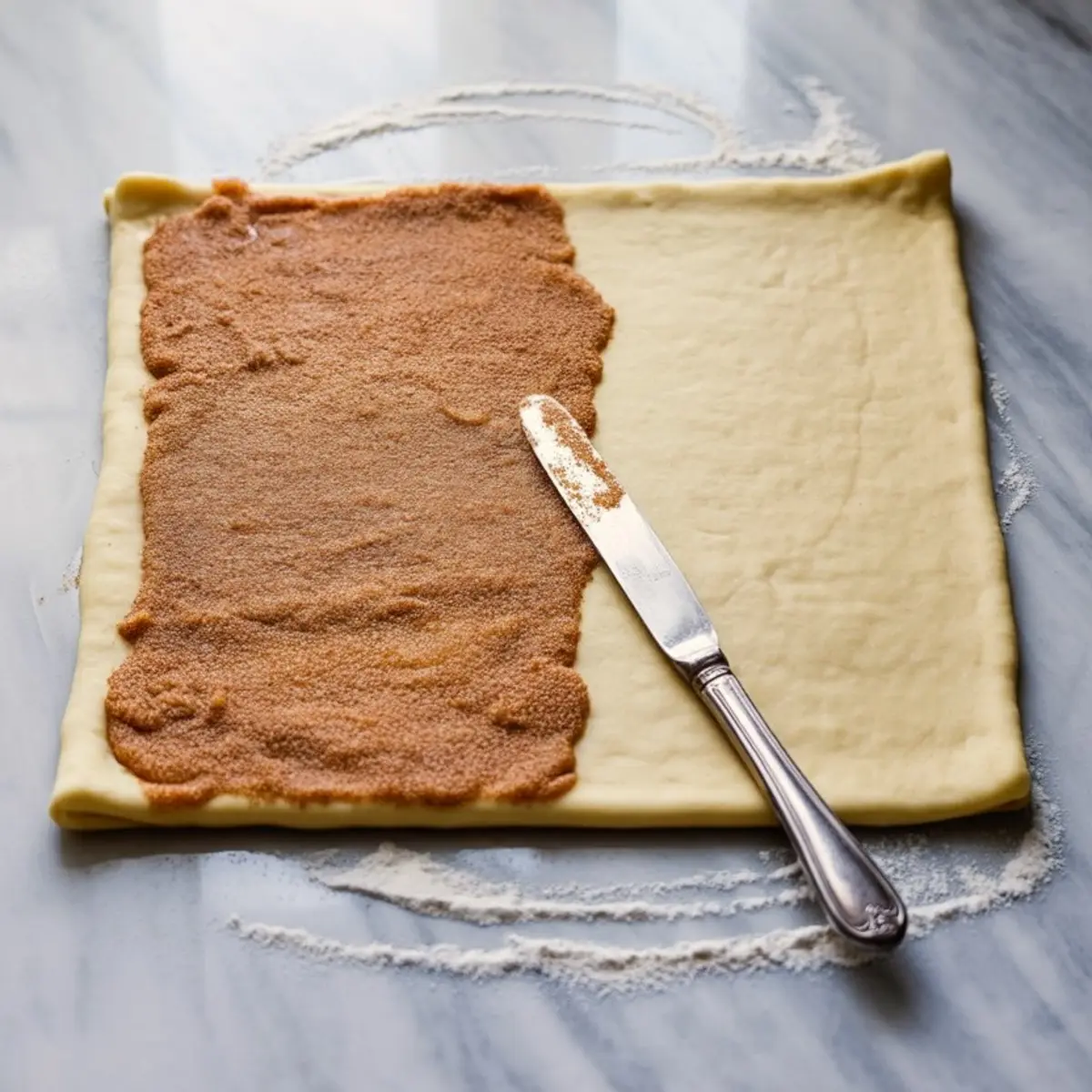 Puff pastry dough on marble surface being spread with cinnamon sugar mixture using a butter knife, showing the first step in assembling homemade cinnamon twists.