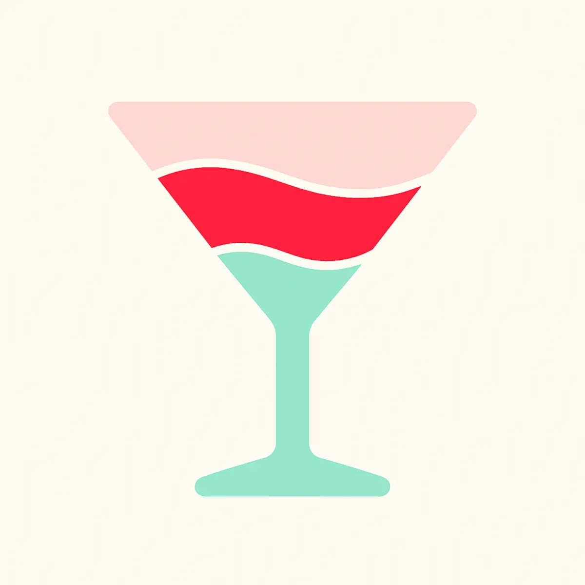 Minimalist vector illustration of a cocktail glass featuring layered pastel colors with a mint green stem, a bright red middle layer, and a pale pink top, designed with wavy dividers on a cream background.