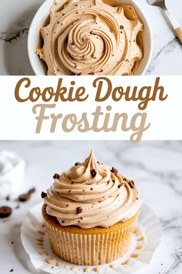 Pinterest collage showing a top view of smooth cookie dough frosting in a bowl and a close-up of a cupcake with piped cookie dough frosting, highlighted with “Cookie Dough Frosting” text in the center.