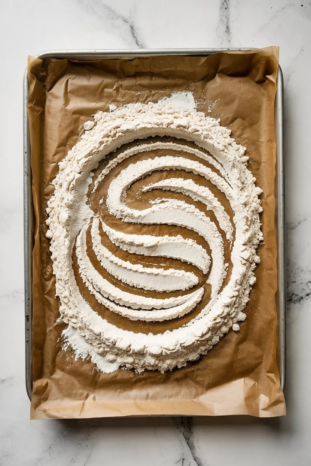 Swirled ring of heat-treated flour on a parchment-lined baking sheet, used for safe edible cookie dough or cookie dough frosting recipes.