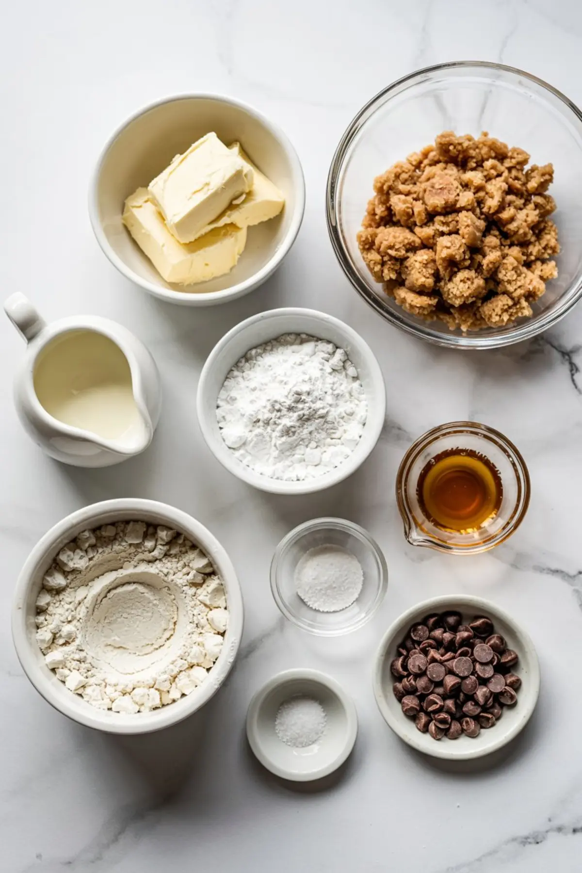 Flat lay of cookie dough frosting ingredients including butter, brown sugar crumbles, powdered sugar, flour, chocolate chips, vanilla extract, milk, baking soda, and salt arranged in small bowls on a white marble surface.