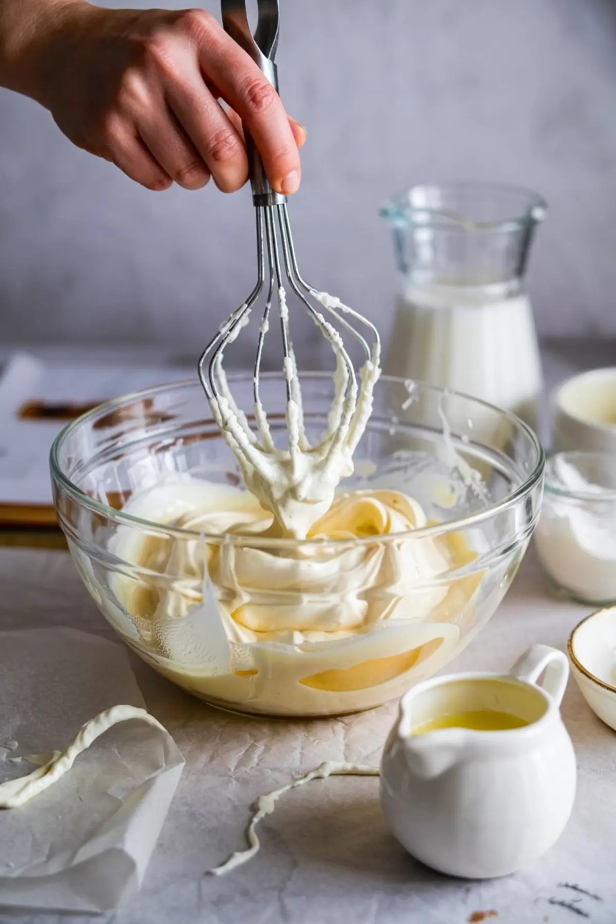 Hand holding a whisk over a glass bowl of whipped butter and sugar mixture with milk in the background, in the process of making creamy cookie dough frosting.