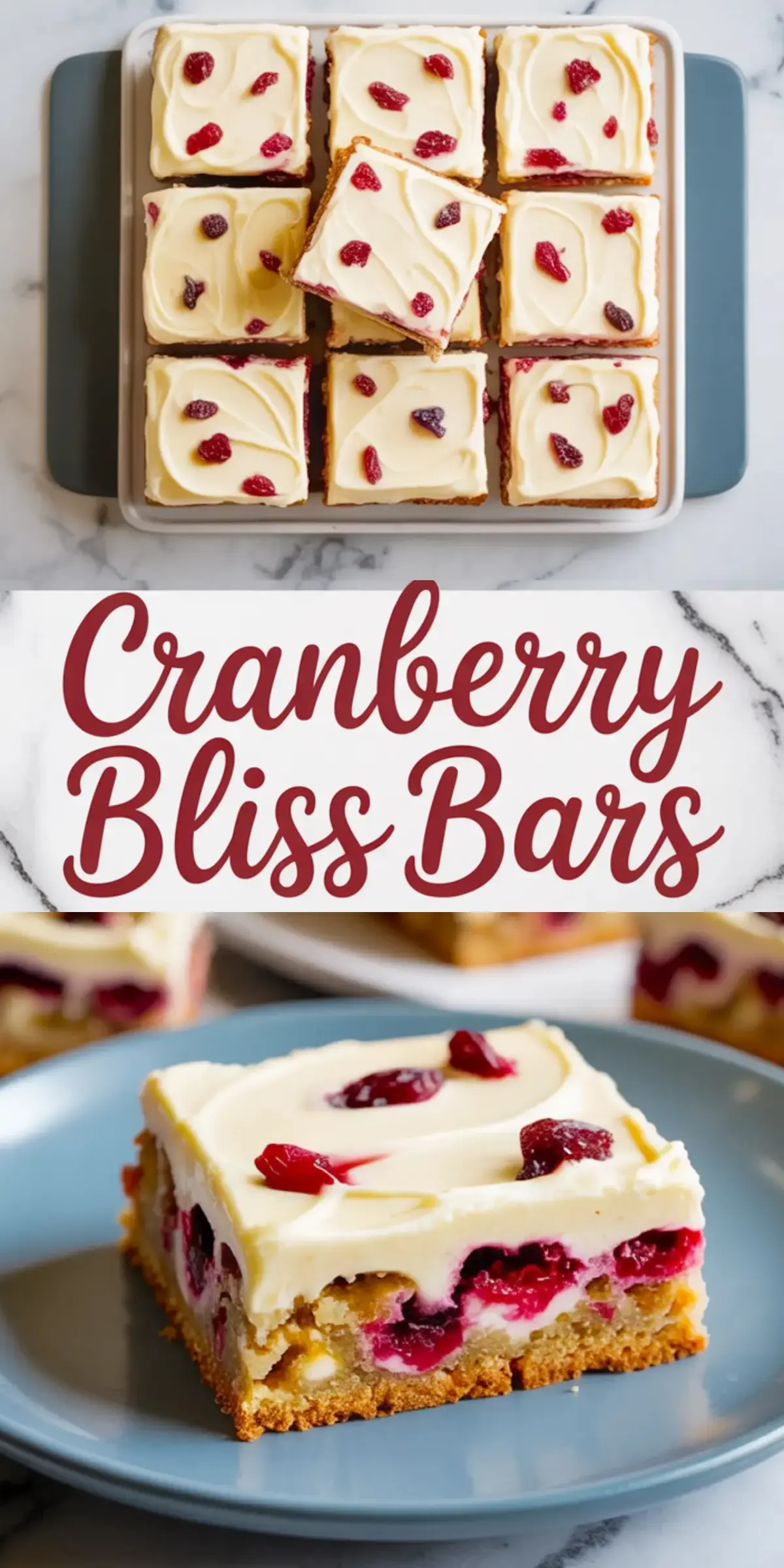 Collage image of sliced cranberry bliss bars topped with cream cheese frosting and dried cranberries, with a close-up of a single blondie square on a blue plate below the recipe title text.
