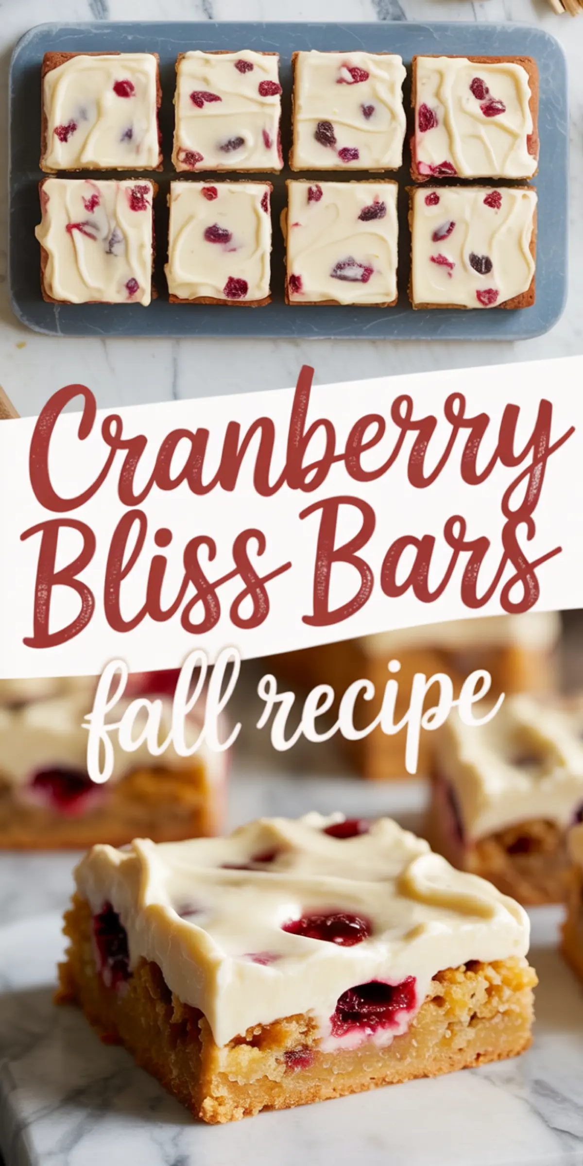Collage showing frosted cranberry bliss bars arranged on a serving tray and a close-up of a single square bar with visible white chocolate chips and cranberries, under a recipe title text.
