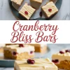 Collage image featuring cranberry bliss bars topped with smooth cream cheese frosting and cranberries, with close-up views of the chewy blondie layers and branding text in the center.