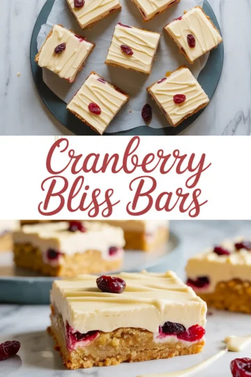 Collage image featuring cranberry bliss bars topped with smooth cream cheese frosting and cranberries, with close-up views of the chewy blondie layers and branding text in the center.