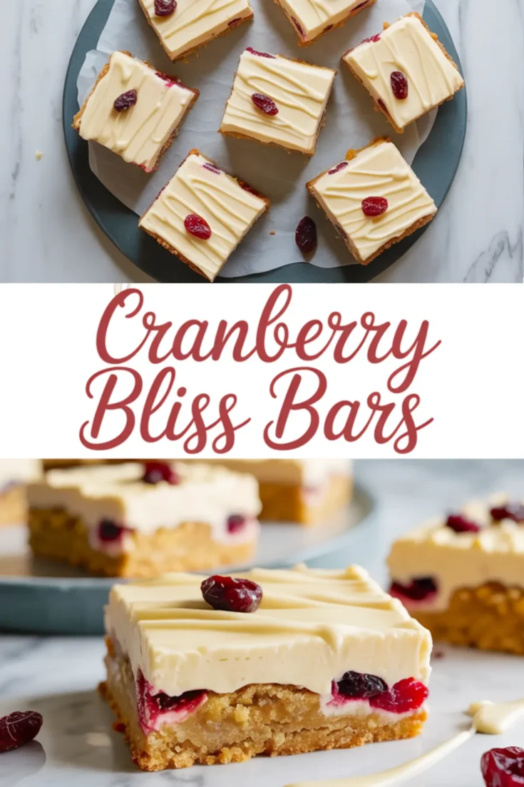 Collage image featuring cranberry bliss bars topped with smooth cream cheese frosting and cranberries, with close-up views of the chewy blondie layers and branding text in the center.