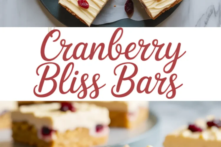 Collage image featuring cranberry bliss bars topped with smooth cream cheese frosting and cranberries, with close-up views of the chewy blondie layers and branding text in the center.