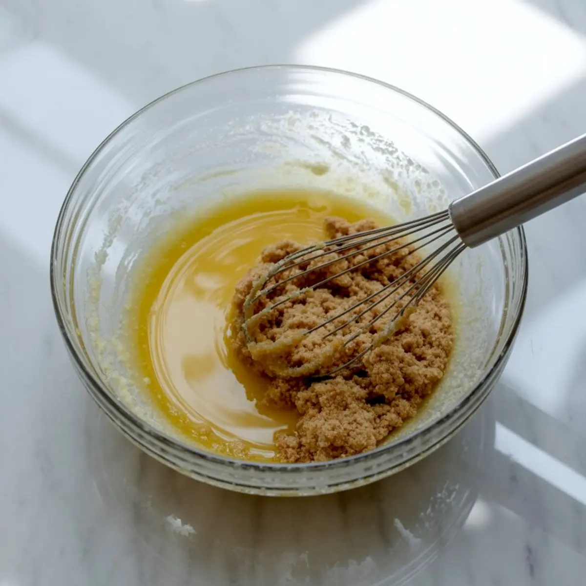 Glass bowl with brown sugar and melted butter being whisked together on a marble countertop, showing the early mixing stage of a dessert batter.
