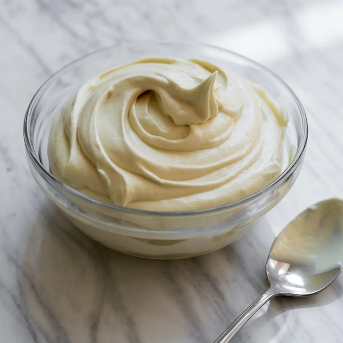 Close-up of a glass bowl filled with creamy frosting, swirled into soft peaks, placed next to a silver spoon on a marble countertop.
