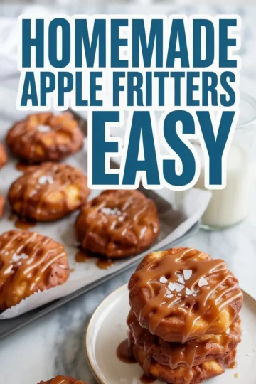 Golden apple fritters stacked and arranged on a baking tray, each topped with drizzled caramel sauce and sea salt flakes, with a glass of milk in the background.