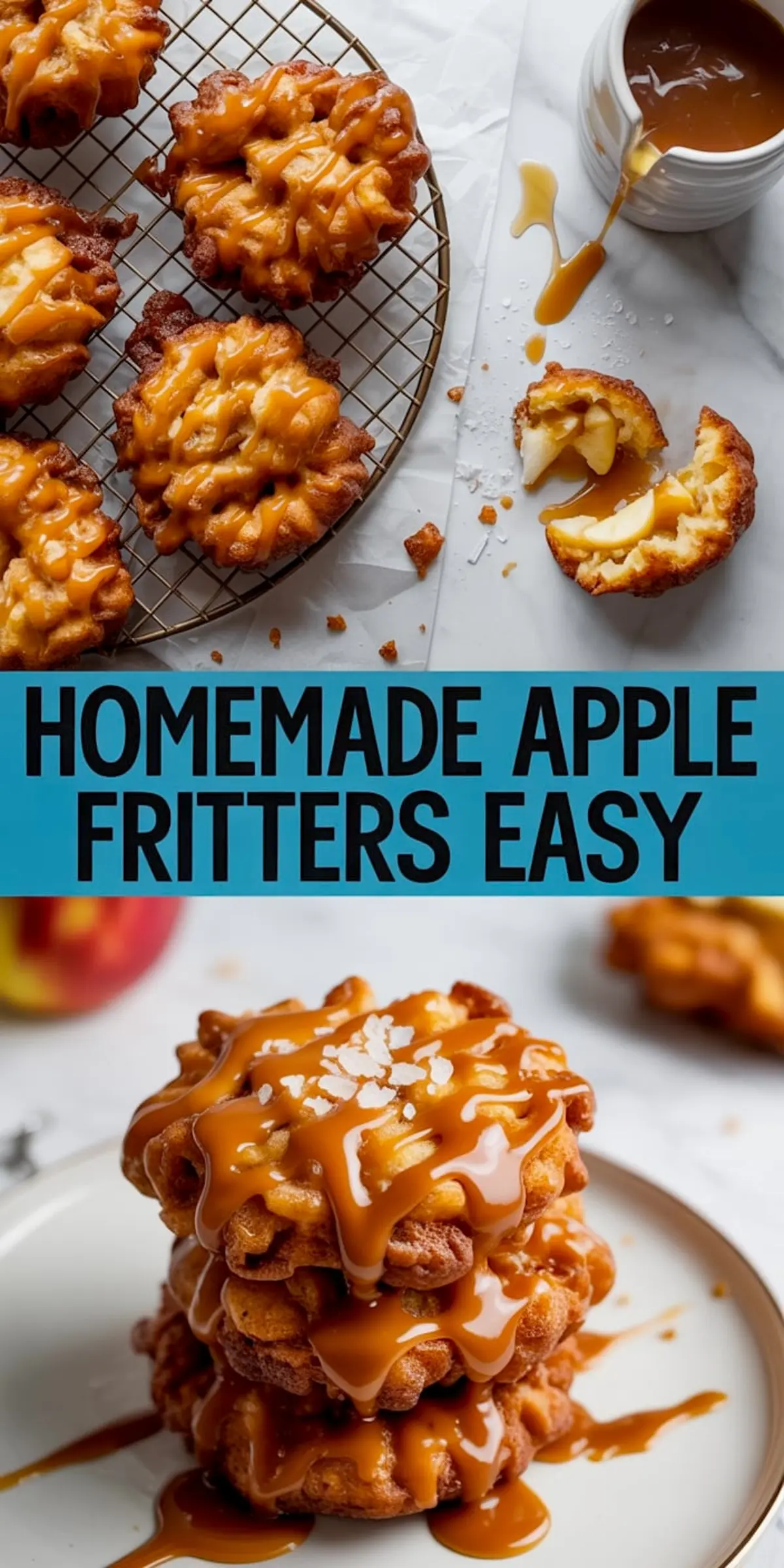 Freshly fried apple fritters topped with thick caramel drizzle cooling on a wire rack, alongside a stacked serving on a plate, highlighted with coarse sea salt and caramel drizzle.
