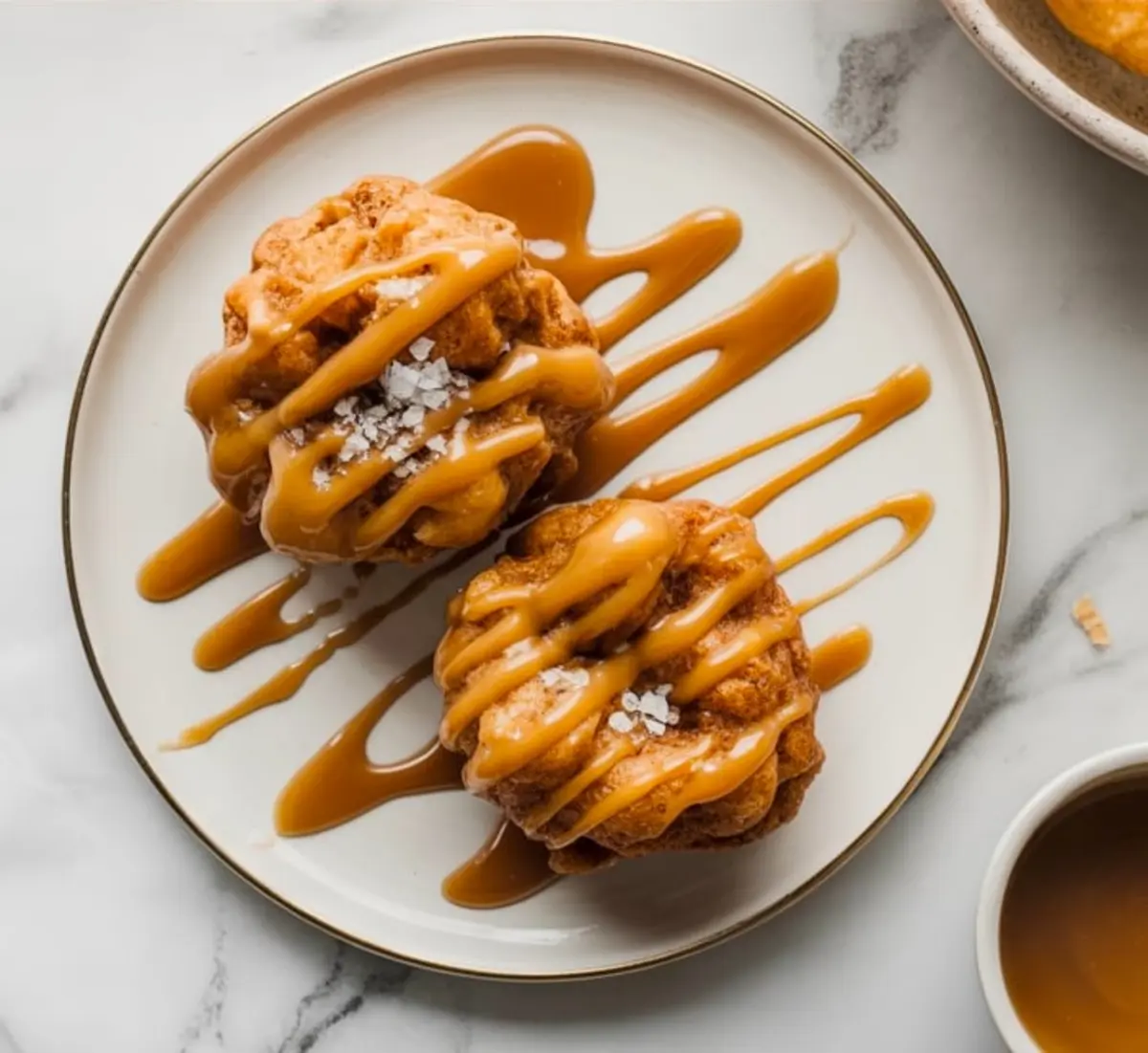 Two apple fritters served on a white plate with a caramel swirl, drizzled generously with sauce and sprinkled with coarse sea salt for a sweet and salty dessert finish.
