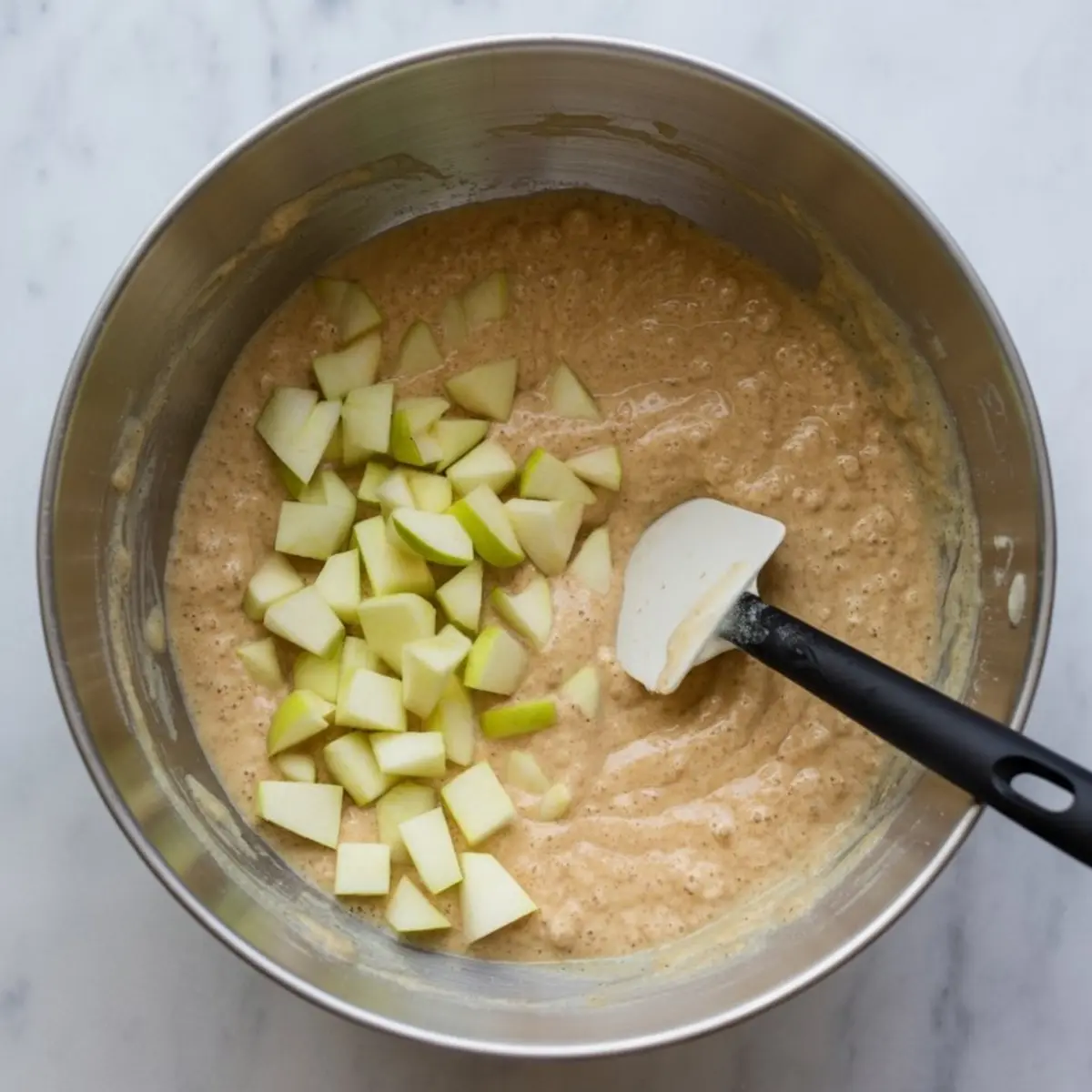 Apple fritter batter in a metal bowl with fresh green apple chunks mixed in, ready for frying.
