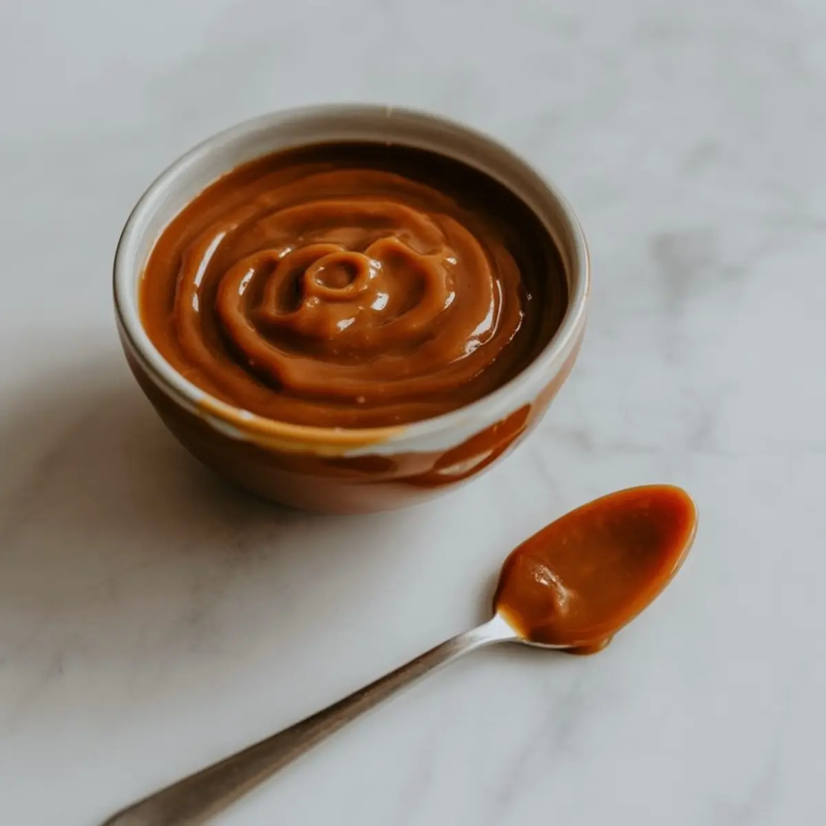 Small ceramic bowl filled with thick homemade caramel sauce with a spoon resting nearby on a marble surface.
