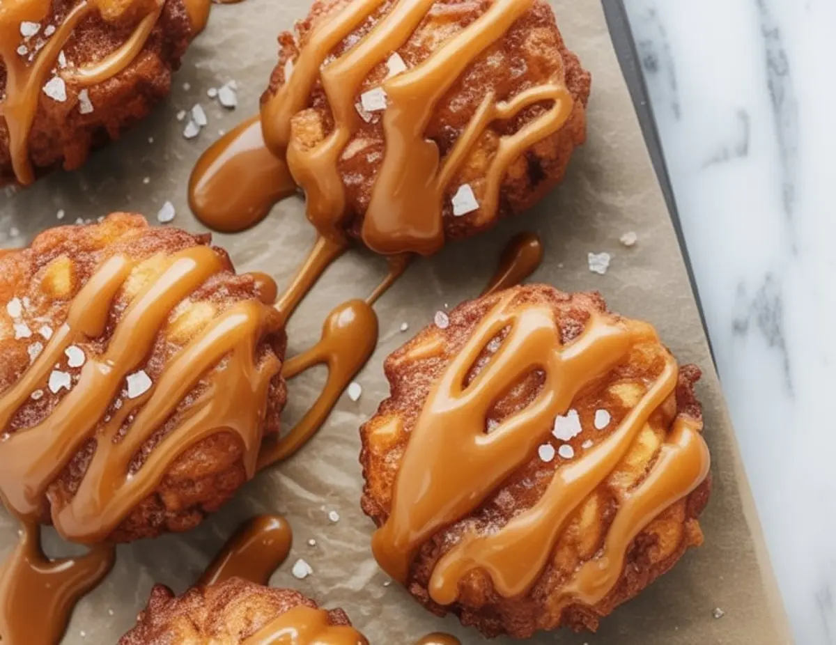 Close-up of caramel-drizzled apple fritters on parchment paper, garnished with sea salt flakes, highlighting their crispy golden texture and glossy topping.
