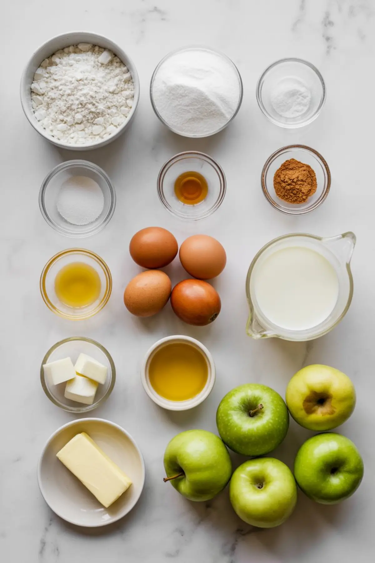 Flat lay of apple fritter ingredients on a white surface, including flour, sugar, cinnamon, baking powder, vanilla, eggs, milk, butter, oil, and whole green apples.
