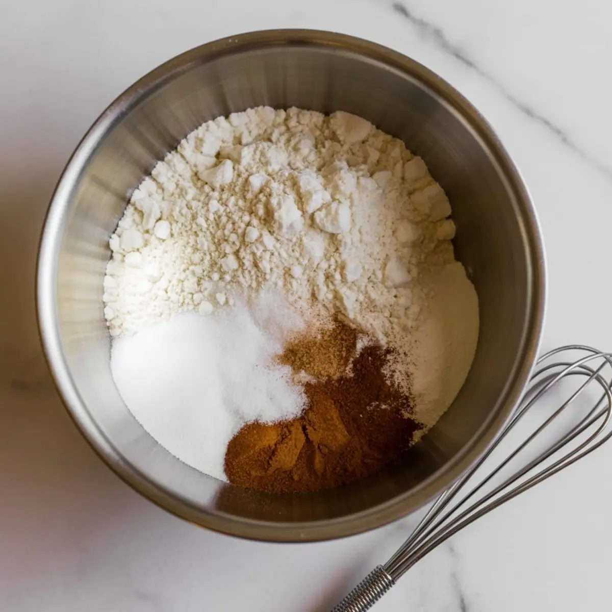 Dry ingredients for apple fritters in a stainless steel bowl, showing flour, sugar, cinnamon, and other spices next to a metal whisk.
