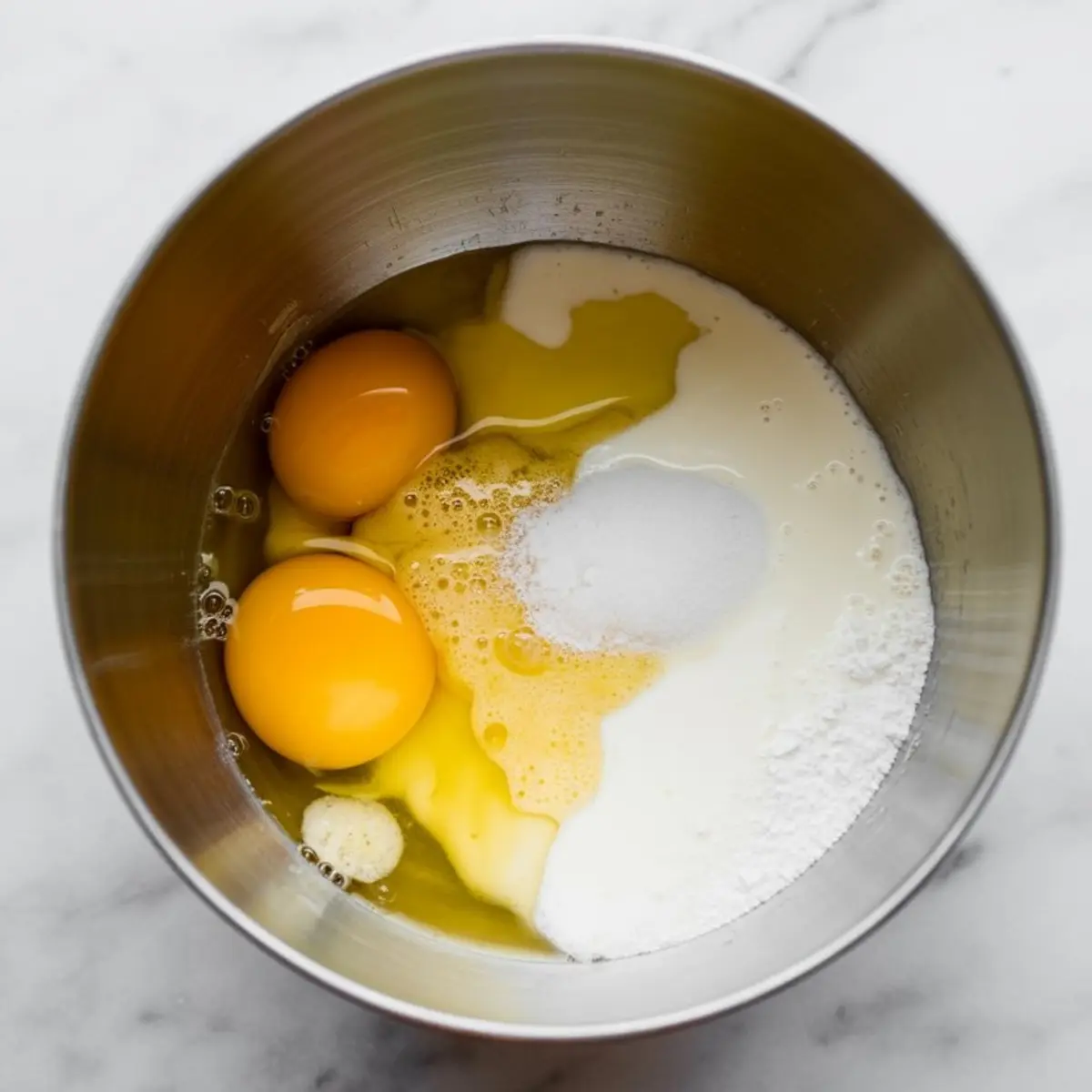 Wet ingredients for apple fritters in a mixing bowl, featuring cracked eggs, milk, oil, and sugar before blending.
