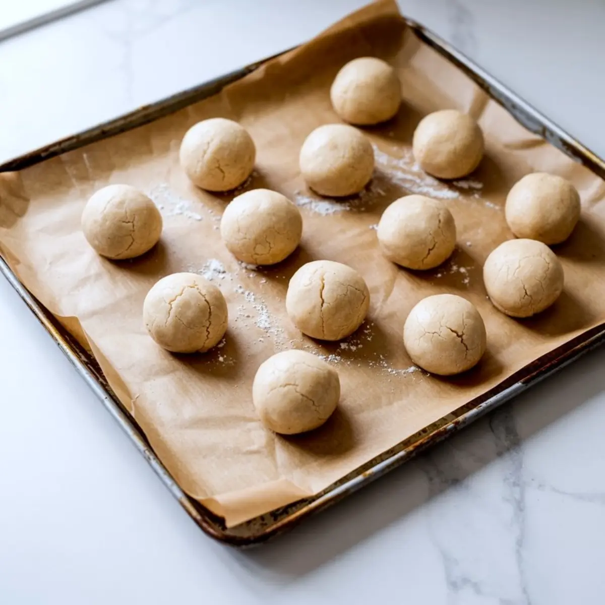 Raw sugar cookie dough balls arranged on a parchment-lined baking sheet, ready for the oven, with a light dusting of flour.