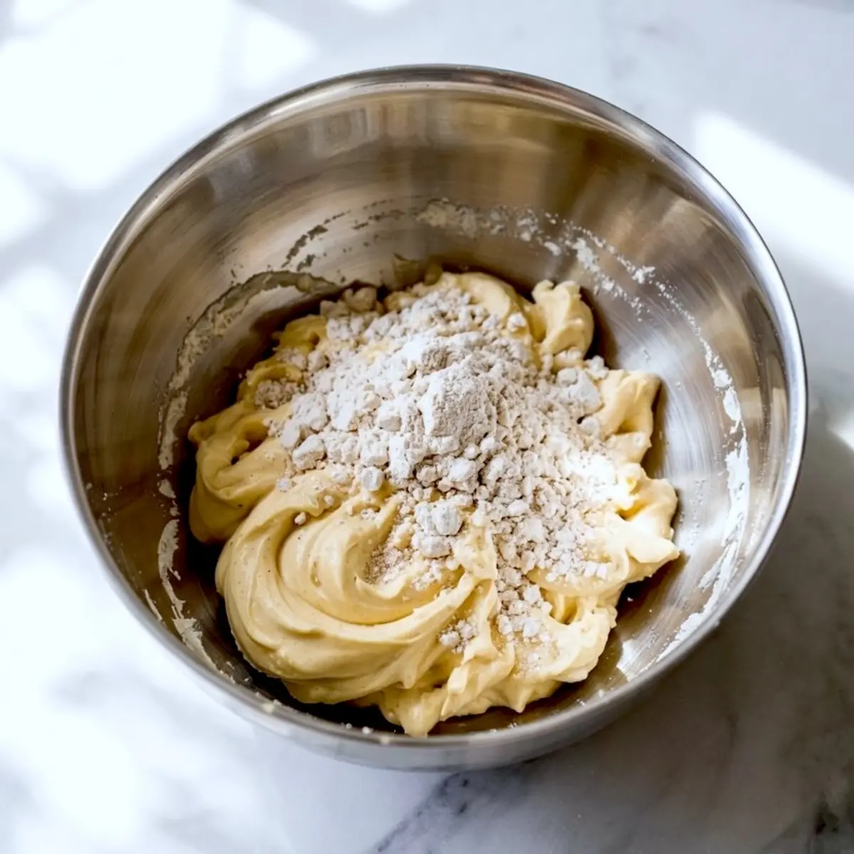 Mixing bowl filled with creamed butter and sugar mixture, topped with dry flour to make 3-ingredient sugar cookie dough.