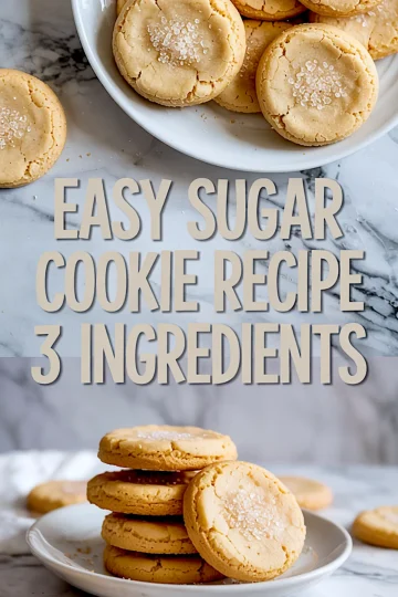 Golden sugar cookies on a plate and stacked cookies on a white dish, styled over marble with “easy sugar cookie recipe 3 ingredients” text in bold lettering.