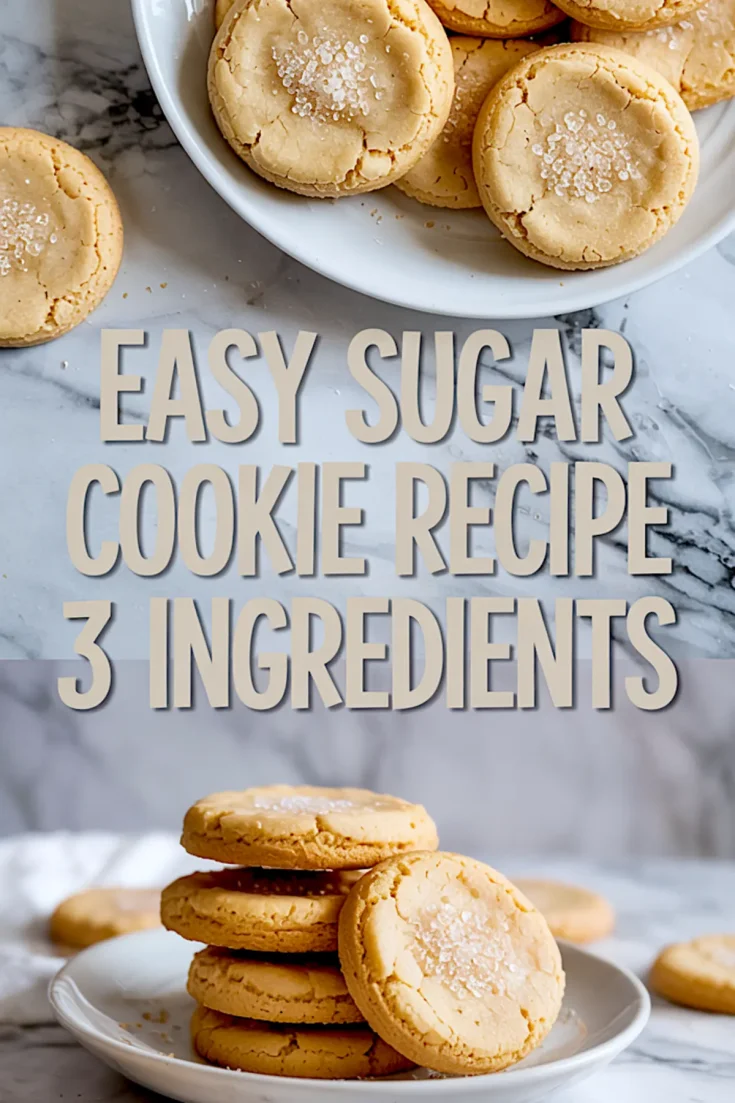 Golden sugar cookies on a plate and stacked cookies on a white dish, styled over marble with “easy sugar cookie recipe 3 ingredients” text in bold lettering.