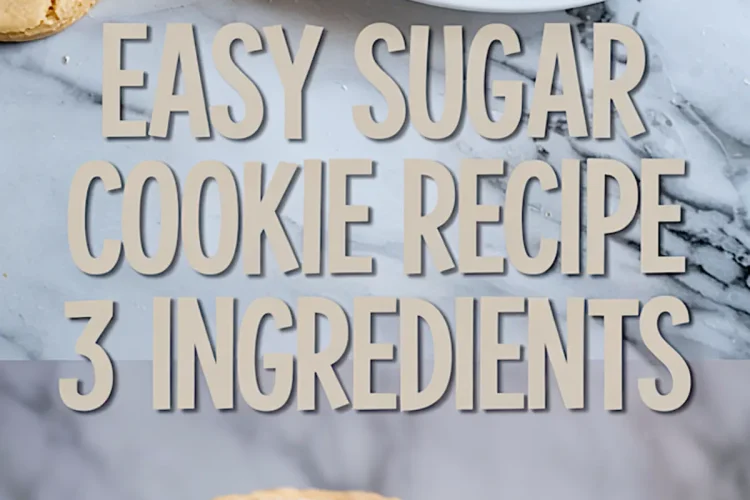 Golden sugar cookies on a plate and stacked cookies on a white dish, styled over marble with “easy sugar cookie recipe 3 ingredients” text in bold lettering.