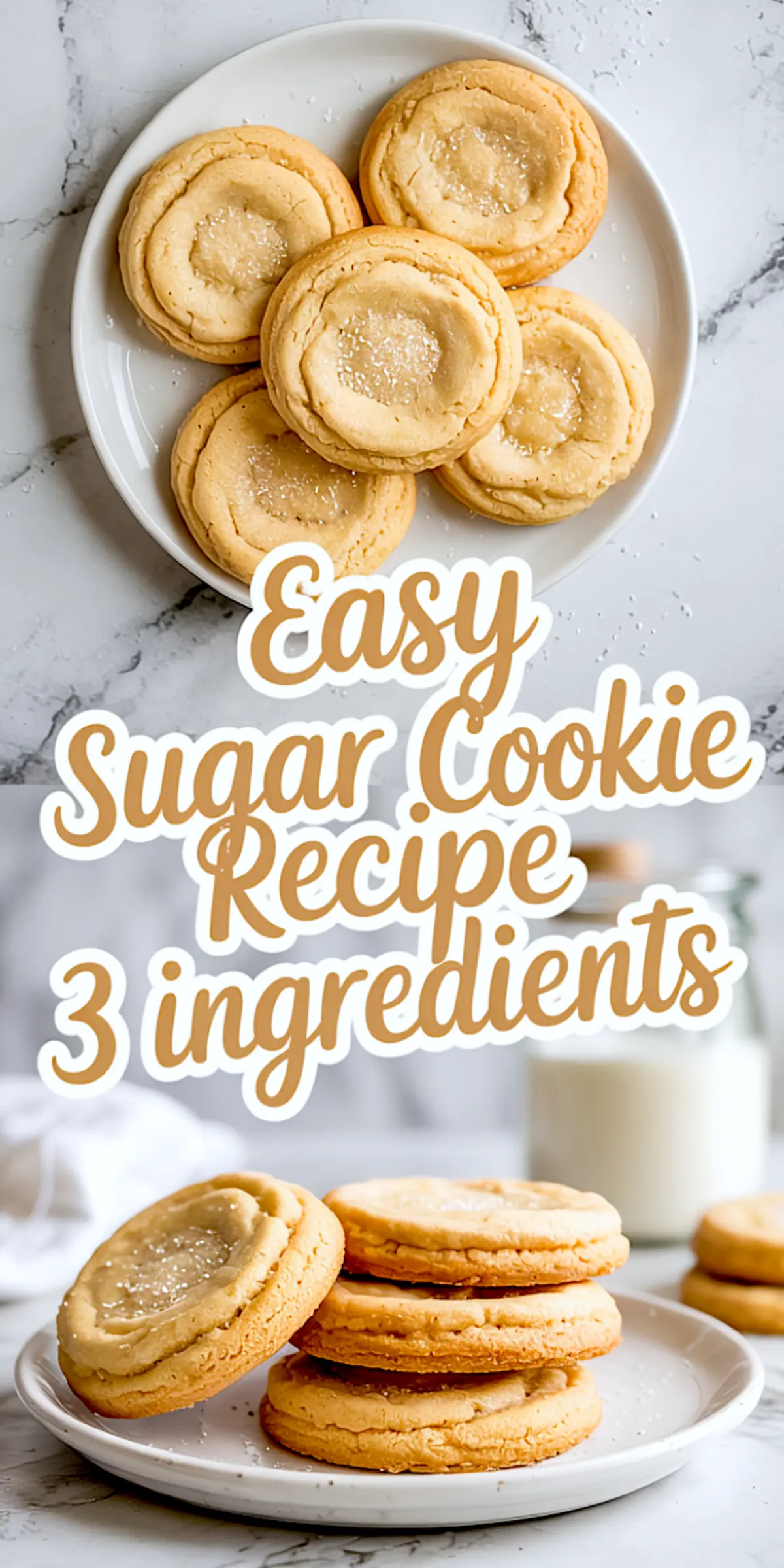 Close-up of sugar cookies with sparkling sugar tops on a plate, paired with stacked cookies on a dish, featuring “easy sugar cookie recipe 3 ingredients” in script text.