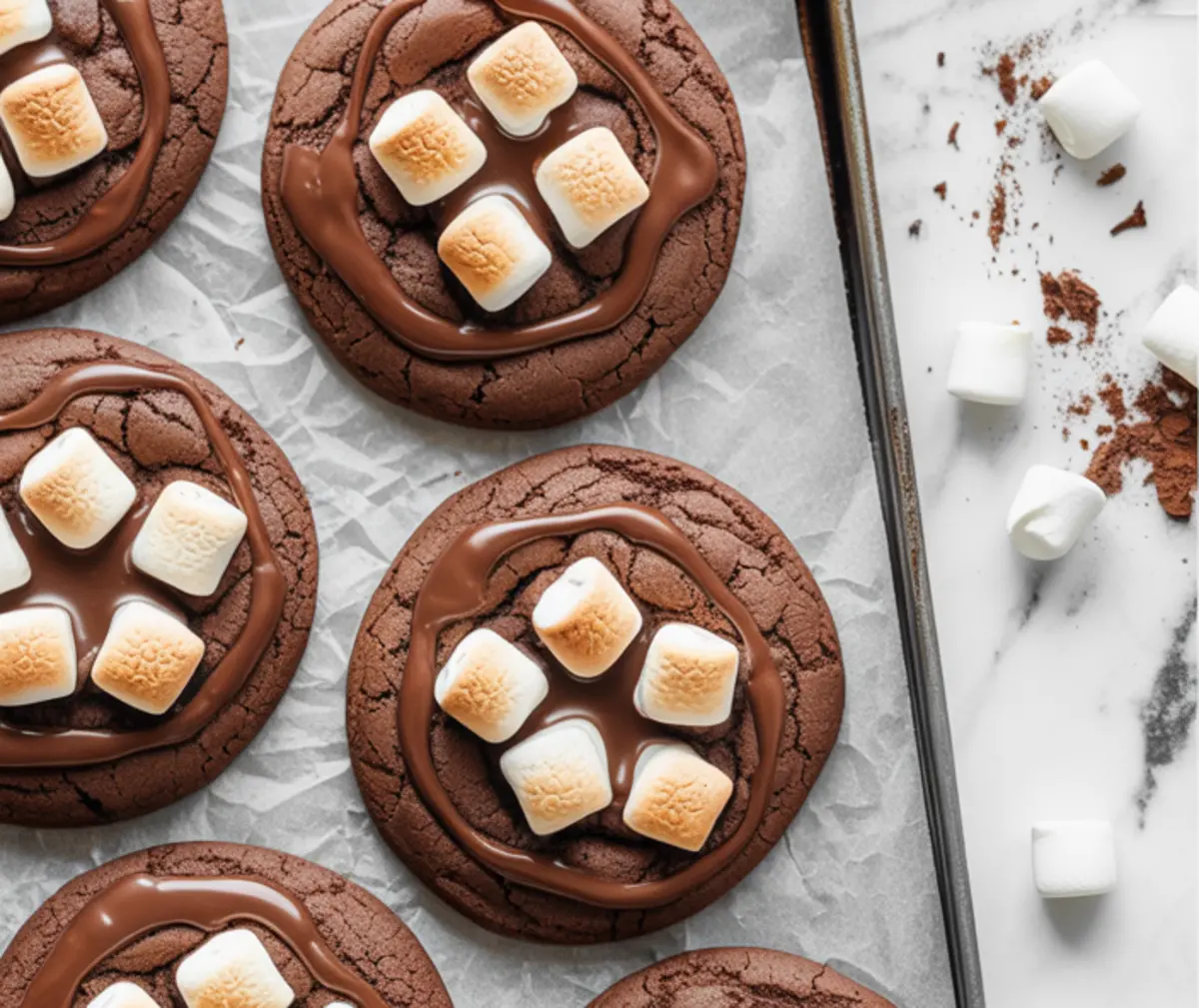 Hot chocolate cookies with golden marshmallows and melted chocolate on a baking tray and white plate, with text overlay “Hot Chocolate Cookies Marshmallow Chocolate Cookies.”

