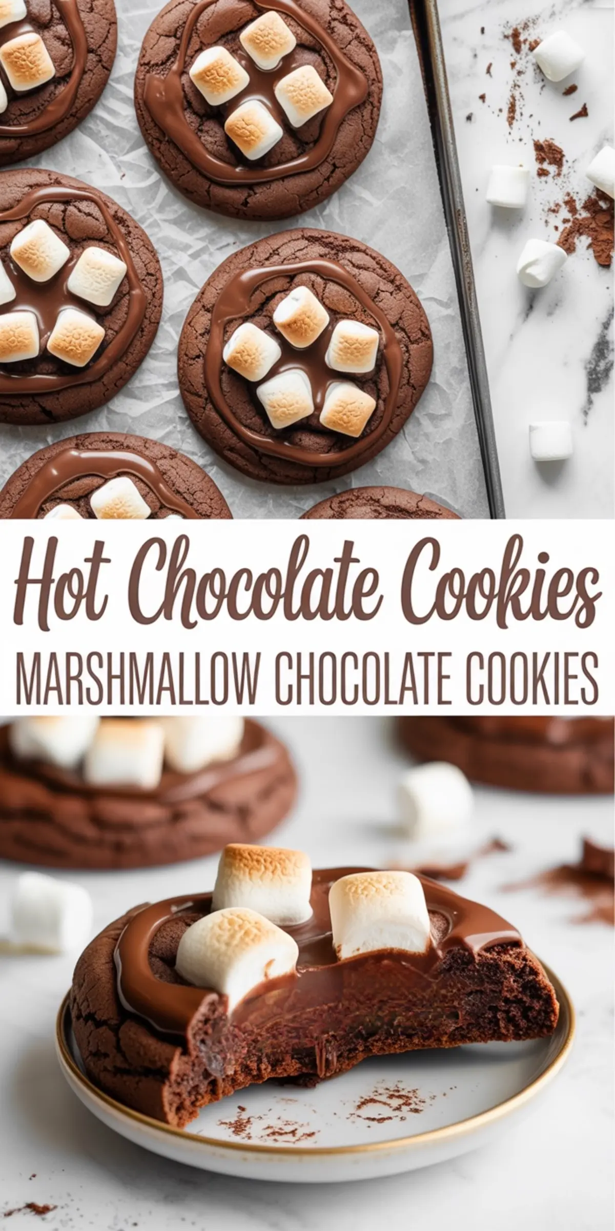 Hot chocolate cookies with golden marshmallows and melted chocolate on a baking tray and white plate, with text overlay “Hot Chocolate Cookies Marshmallow Chocolate Cookies.”
