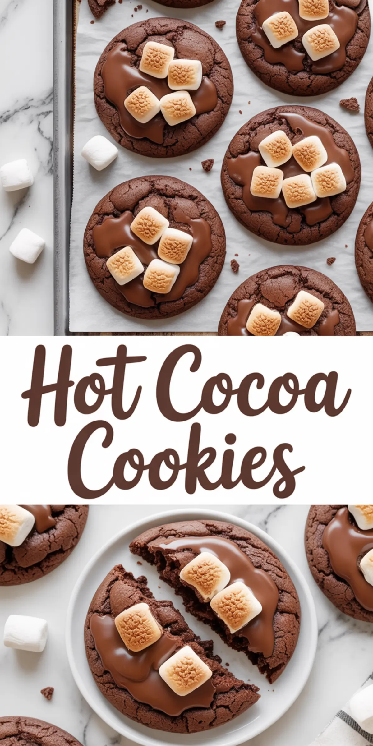 Hot cocoa cookies topped with toasted mini marshmallows and melted chocolate on a baking tray and a white plate, with text overlay reading “Hot Cocoa Cookies.”
