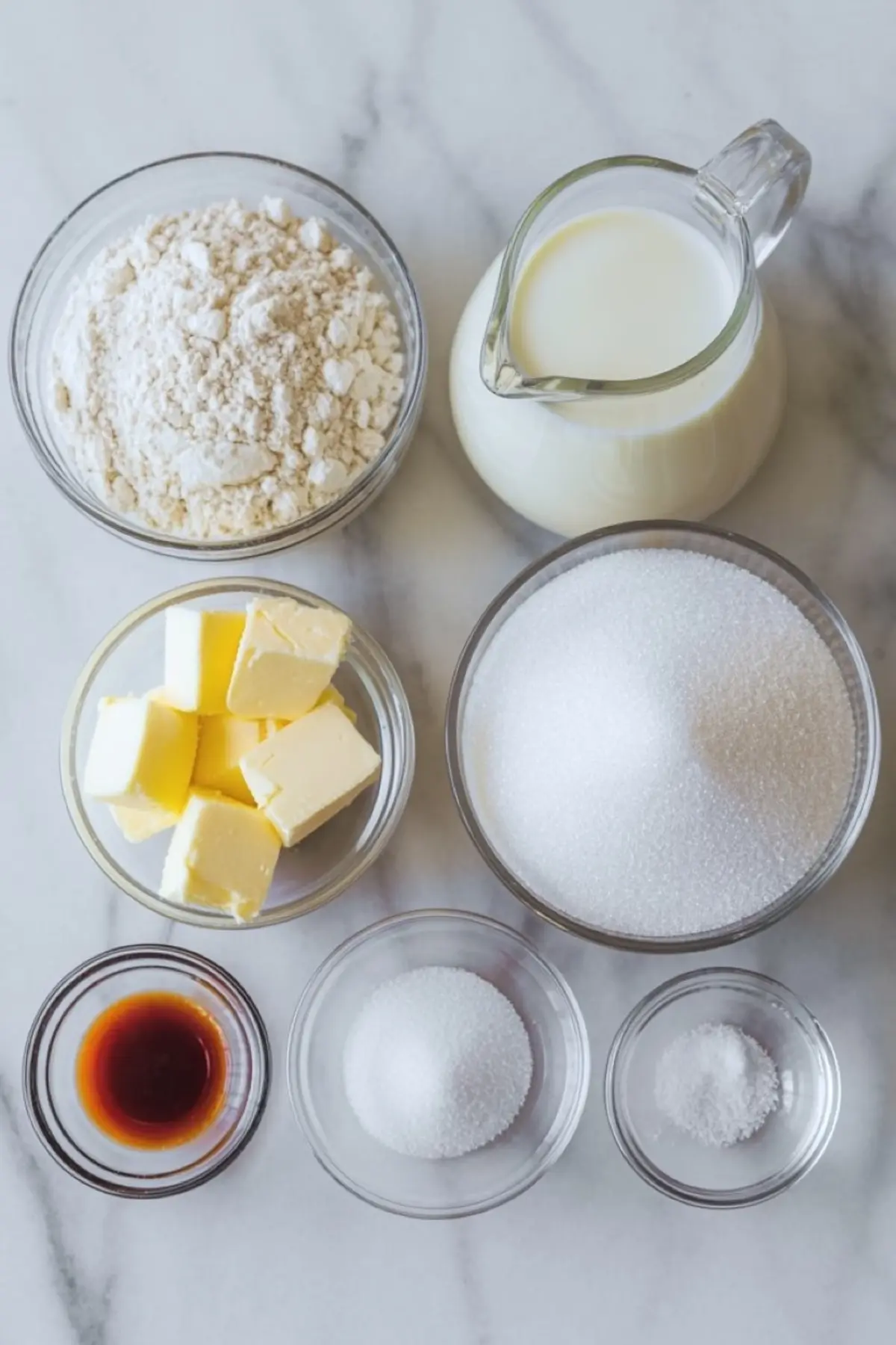 Clear glass bowls and a pitcher filled with ermine frosting ingredients including all-purpose flour, whole milk, granulated sugar, unsalted butter, salt, vanilla extract, and a small bowl of additional sugar, arranged on a white marble surface.