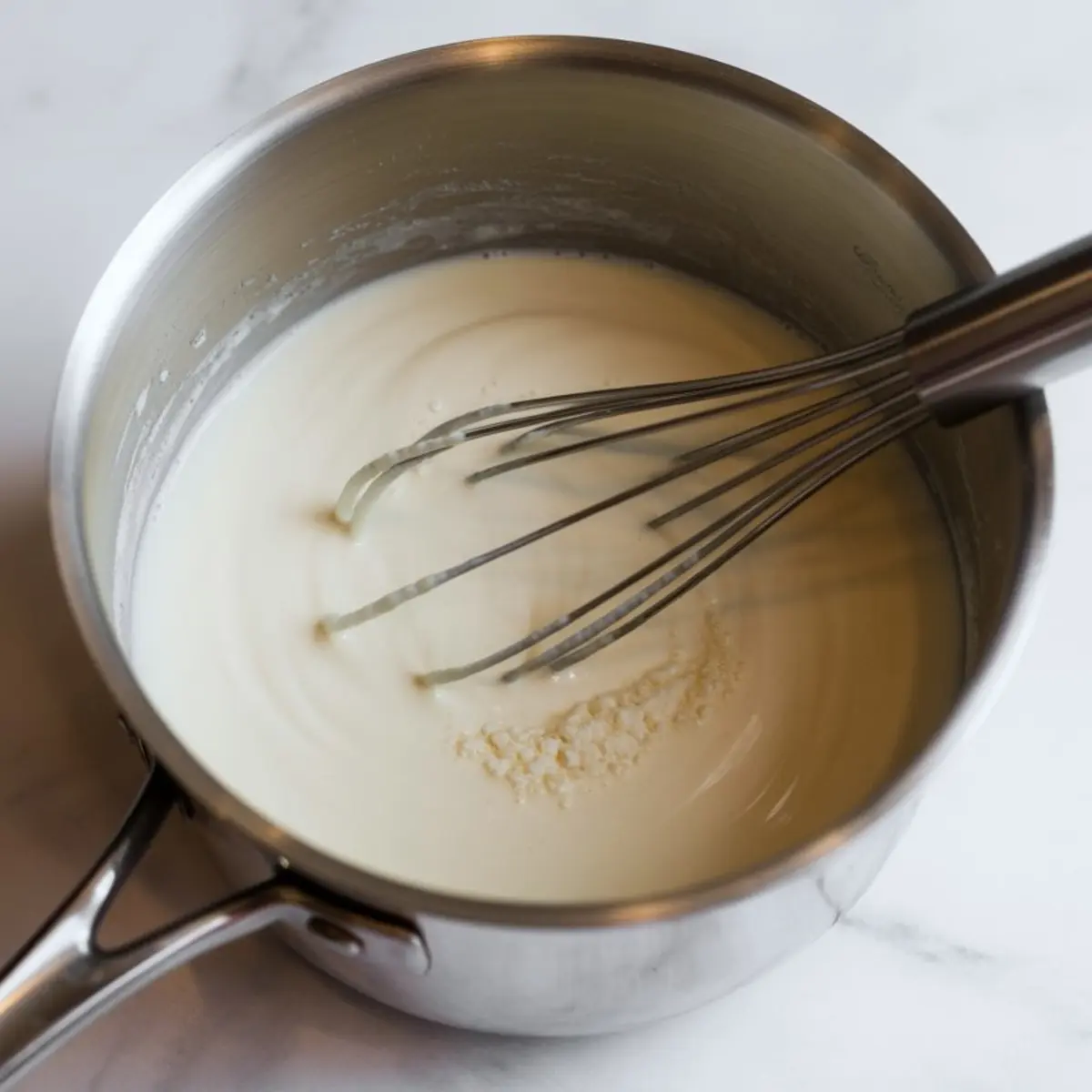 Stainless steel saucepan filled with thickened milk and flour mixture for ermine frosting, being whisked with a metal balloon whisk on a marble countertop.