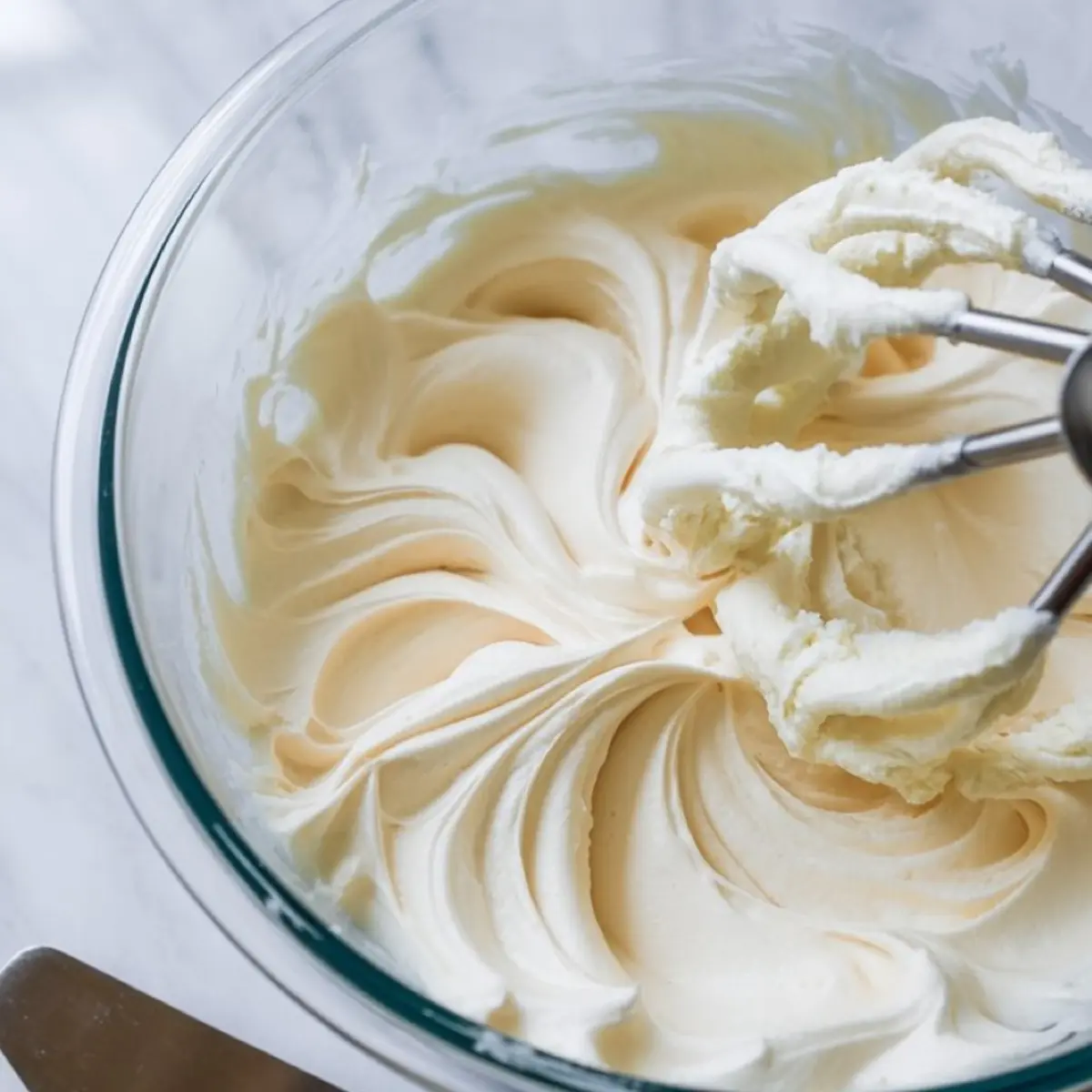 Creamy whipped ermine frosting in a glass bowl with smooth, swirled peaks, freshly beaten with a metal whisk attachment on a stand mixer.
