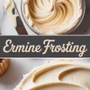Top image shows a bowl of vanilla ermine frosting with smooth swirls, accompanied by an offset spatula coated in icing; bottom image highlights a slice of cake covered in fluffy homemade frosting. This cake frosting recipe creates a creamy, spreadable texture ideal for cake fillings and layered desserts.