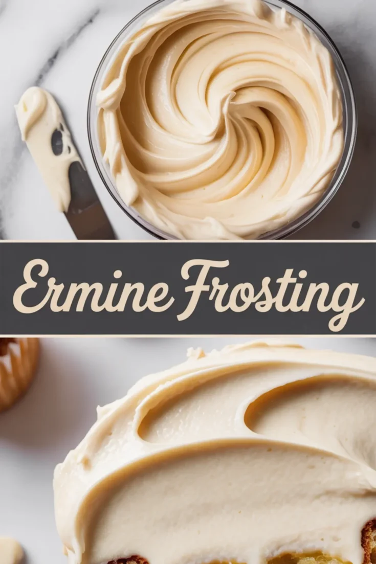 Top image shows a bowl of vanilla ermine frosting with smooth swirls, accompanied by an offset spatula coated in icing; bottom image highlights a slice of cake covered in fluffy homemade frosting. This cake frosting recipe creates a creamy, spreadable texture ideal for cake fillings and layered desserts.