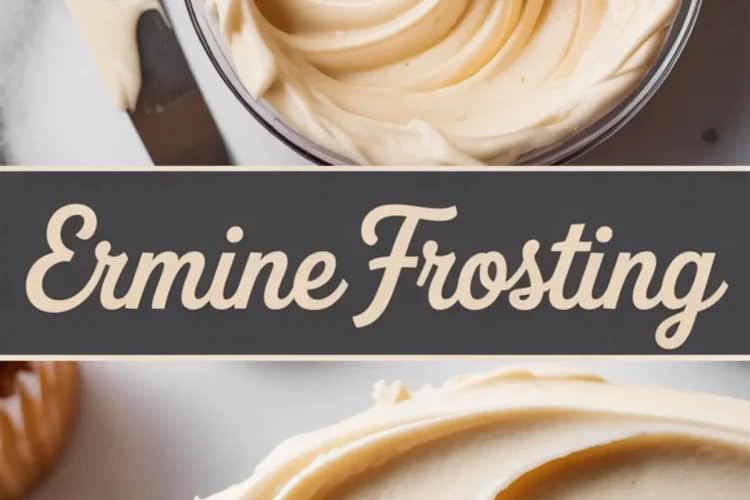 Top image shows a bowl of vanilla ermine frosting with smooth swirls, accompanied by an offset spatula coated in icing; bottom image highlights a slice of cake covered in fluffy homemade frosting. This cake frosting recipe creates a creamy, spreadable texture ideal for cake fillings and layered desserts.