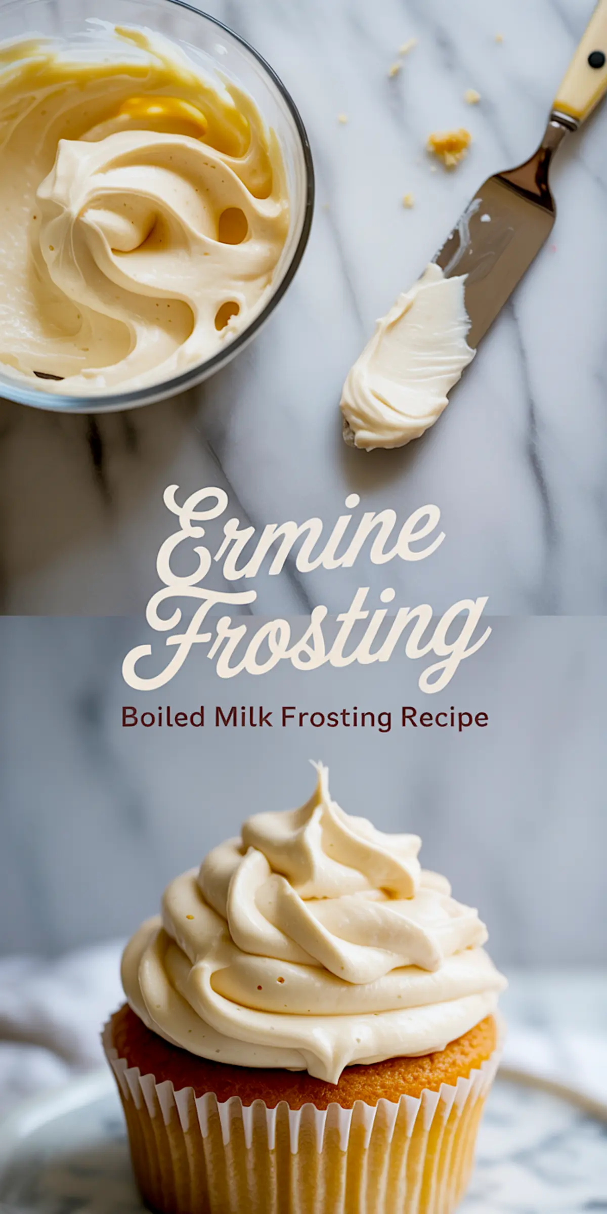 Top image shows whipped cake frosting in a bowl with a rich, airy texture and a spatula beside it; bottom image features a golden cupcake topped with a swirl of classic vanilla ermine frosting. This boiled milk frosting recipe is a fluffy, easy option for decorating cakes and cupcakes.