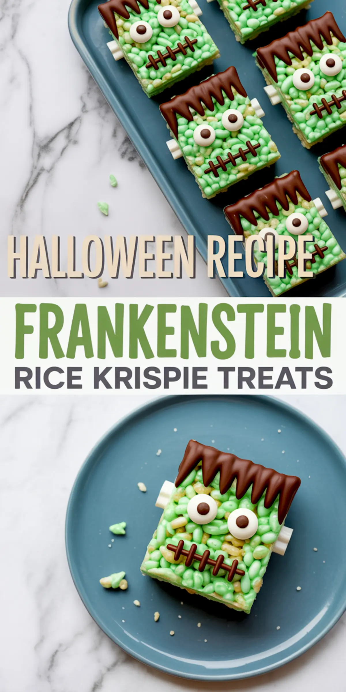 Halloween-themed Frankenstein Rice Krispie treats decorated with green-dyed cereal, white candy eyes, chocolate drizzle hair, and candy bolts, displayed on a dark blue plate and marble background.
