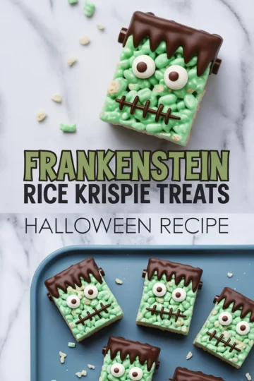 Close-up of Frankenstein Rice Krispie treat with candy eyes, chocolate drizzle hair, and piped mouth details on a marble surface, surrounded by green and white cereal pieces and text overlay for a Halloween recipe.