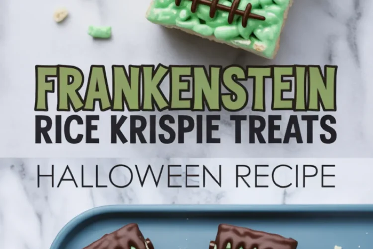 Close-up of Frankenstein Rice Krispie treat with candy eyes, chocolate drizzle hair, and piped mouth details on a marble surface, surrounded by green and white cereal pieces and text overlay for a Halloween recipe.