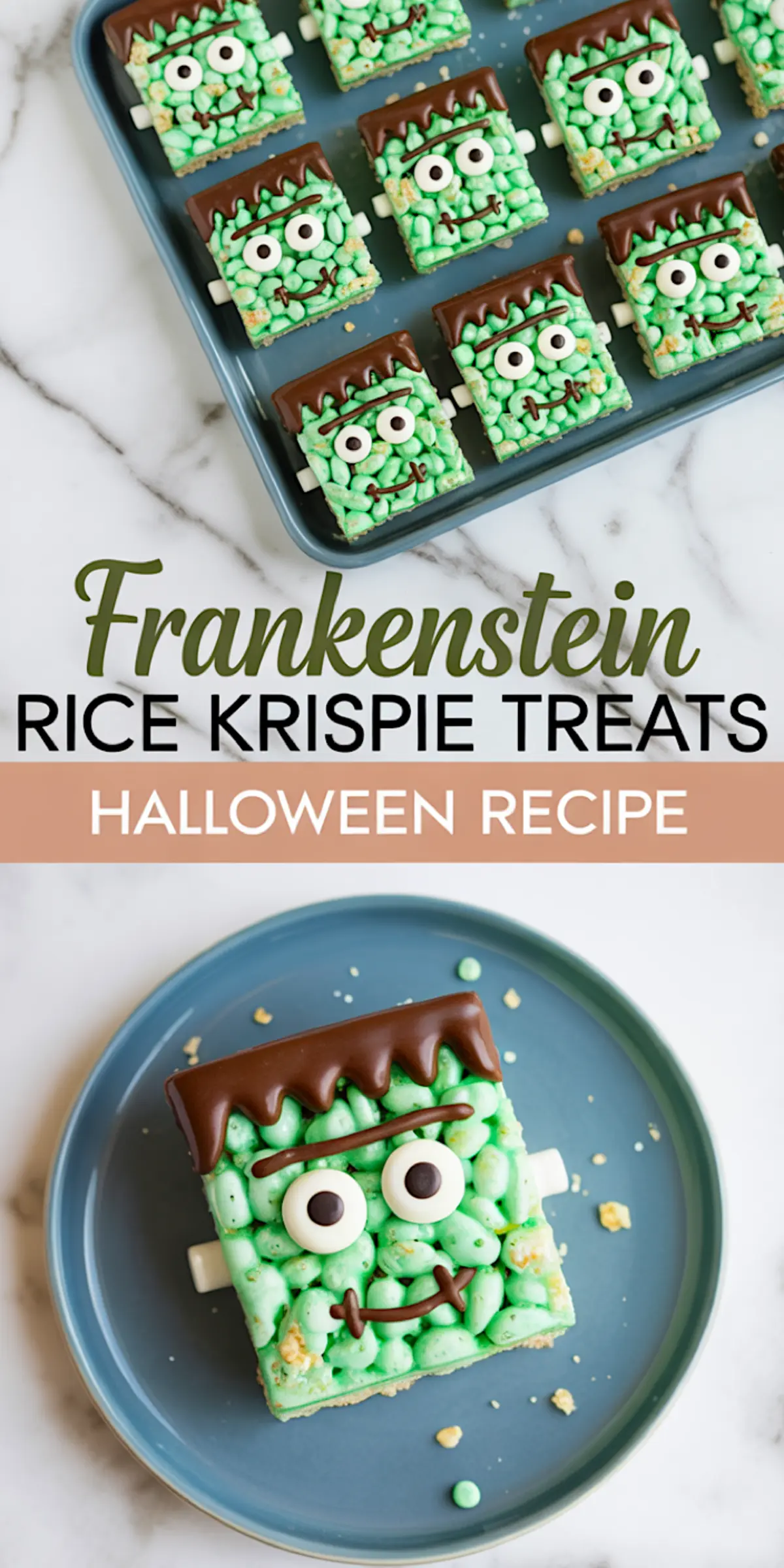 Decorative Halloween Rice Krispie treats shaped like Frankenstein heads, topped with piped chocolate hair and facial features, arranged on a blue tray with a text overlay promoting the themed dessert.
