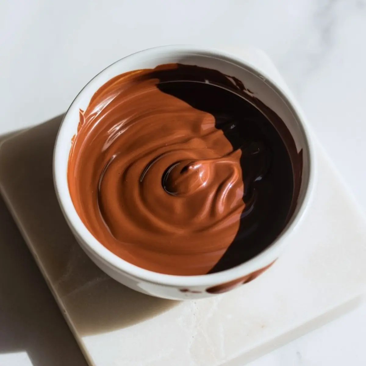 Swirled bowl of melted milk chocolate and dark chocolate in a white ramekin on a marble surface, creating a smooth, glossy mix perfect for dessert decorating or dipping treats.
