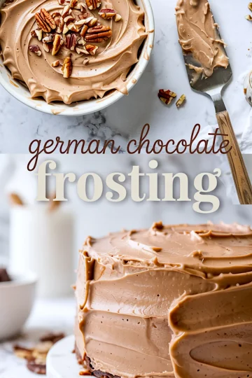 Collage showing a bowl of creamy chocolate frosting topped with chopped pecans alongside a frosted German chocolate cake with text “german chocolate frosting” on a marble background.