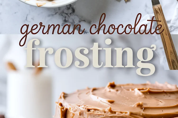 Collage showing a bowl of creamy chocolate frosting topped with chopped pecans alongside a frosted German chocolate cake with text “german chocolate frosting” on a marble background.
