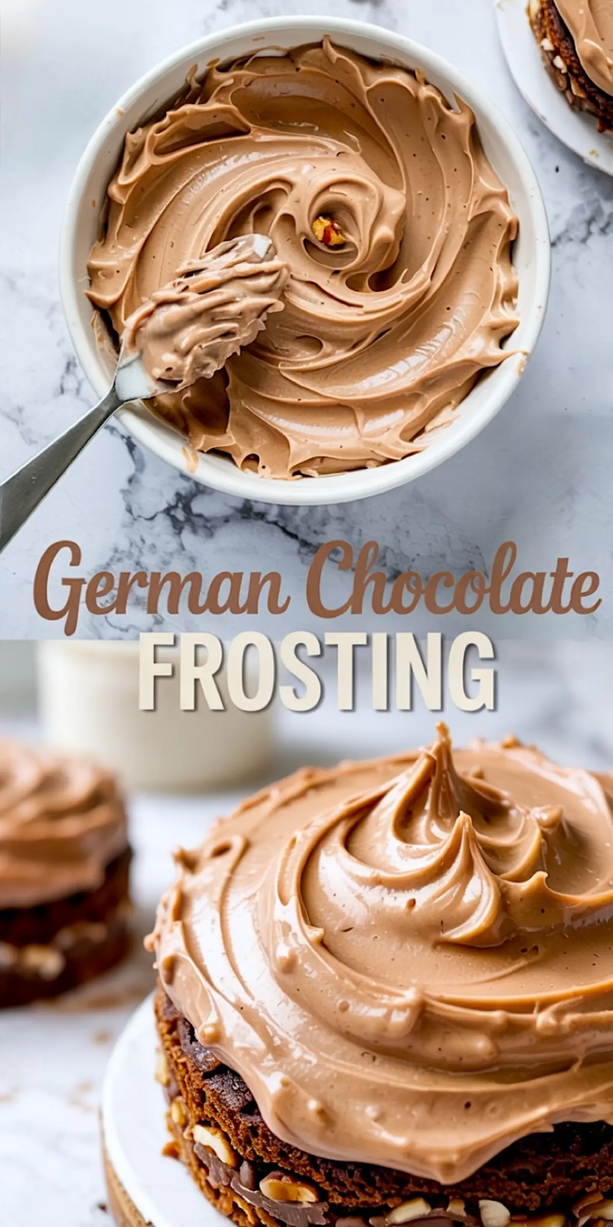 Collage of chocolate frosting being swirled in a bowl and spread onto a layered German chocolate cake, with text “German Chocolate FROSTING” displayed prominently in the center.