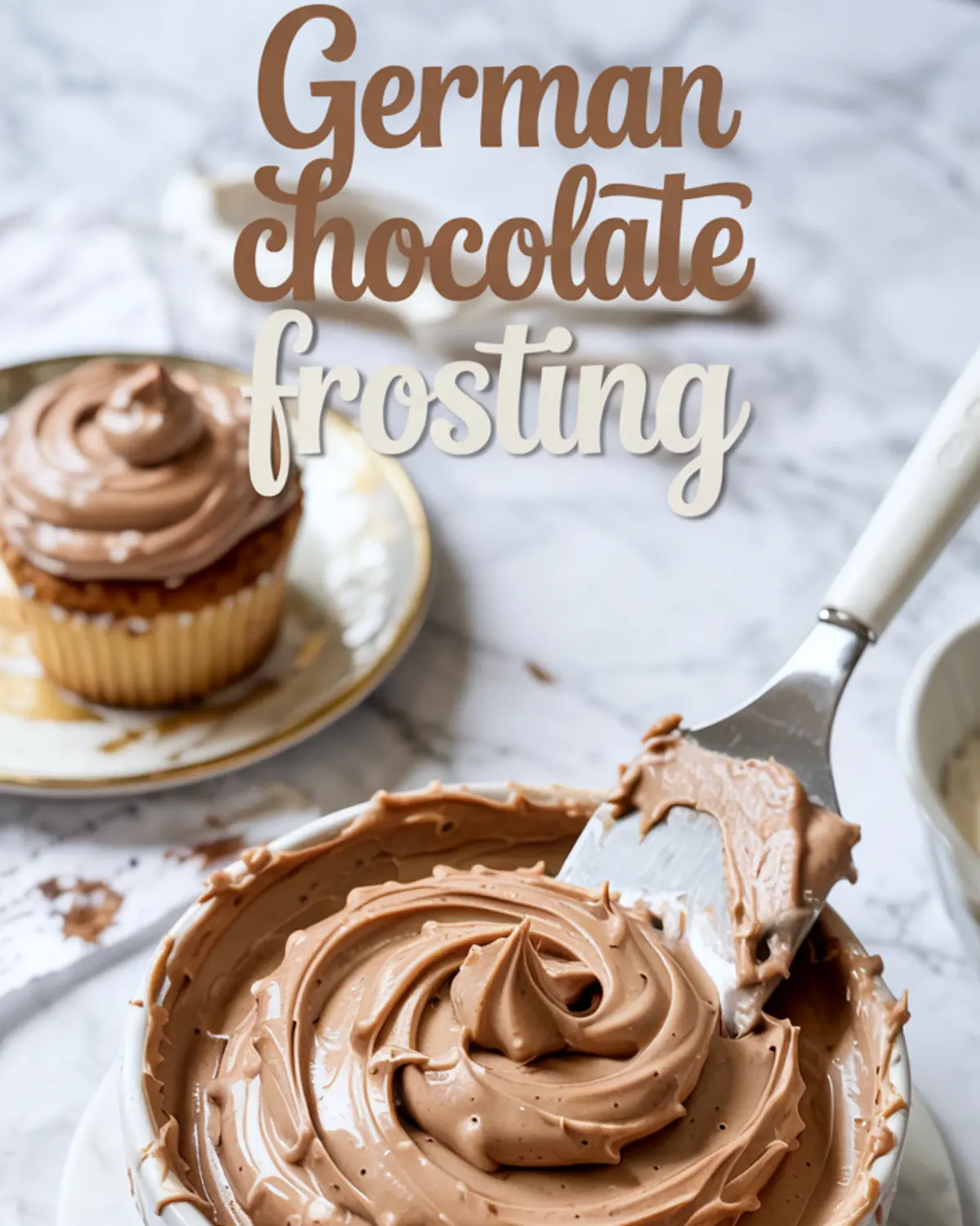 Swirled chocolate frosting in a white bowl with a spatula resting on the side, accompanied by a frosted cupcake in the background and stylized “German chocolate frosting” text overlay.
