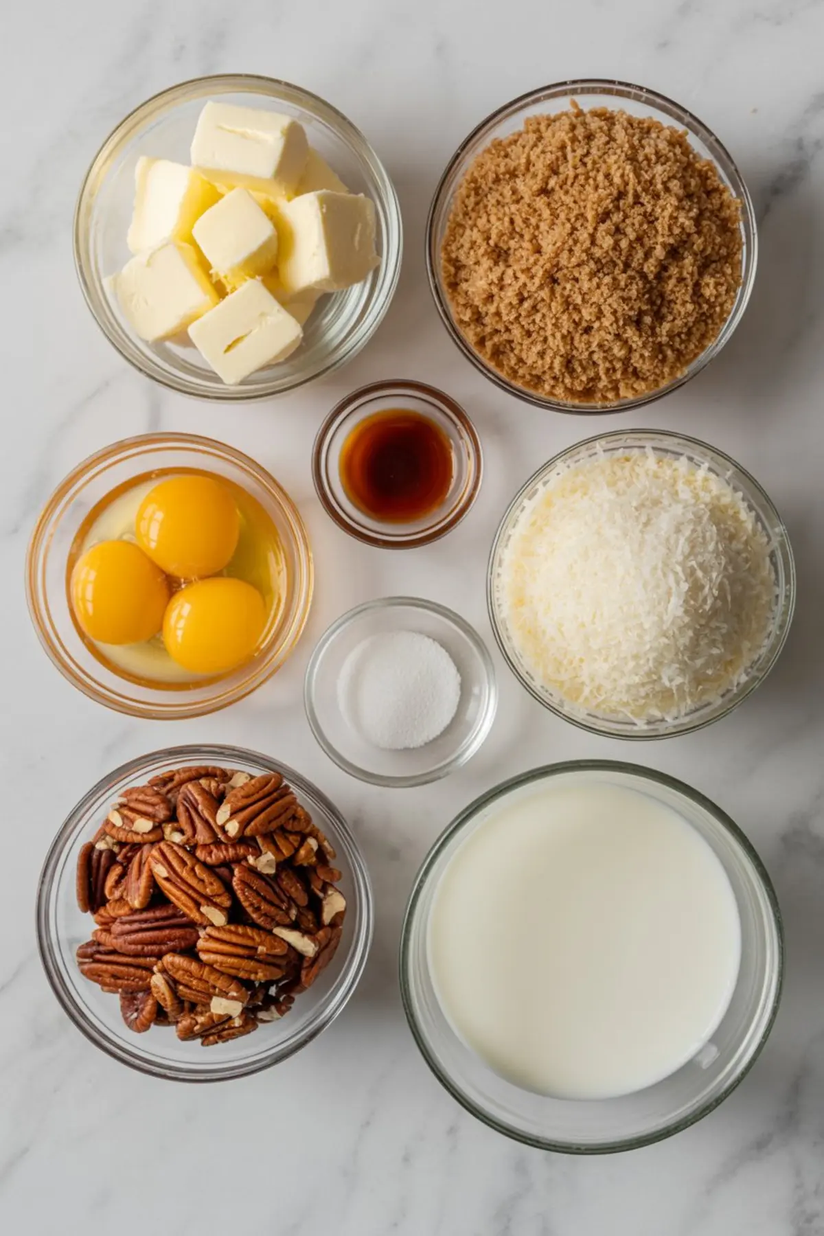 Overhead view of separated German chocolate frosting ingredients in glass bowls, including butter, brown sugar, egg yolks, vanilla extract, shredded coconut, whole milk, granulated sugar, and pecan halves on a marble countertop.